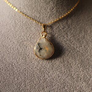 Natural Moonstone Teardrop Pendant Necklace – Gold Trim Glow Charm